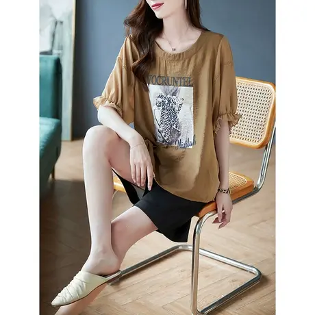 宝诗黎圆领钉珠印花五分蝙蝠袖雪纺衫2023夏季新款大码宽松上衣女商品大图