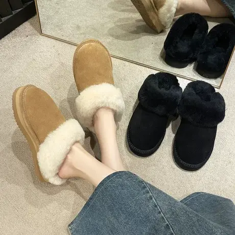 毛毛鞋女冬季加绒懒人包头半拖鞋外穿2023新款秋冬棉拖厚底雪地靴图片