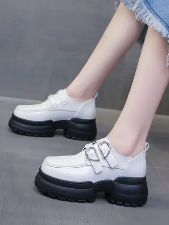 英伦风厚底增高小皮鞋女浅口单鞋2023新款秋冬玛丽珍鞋松糕乐福鞋商品大图