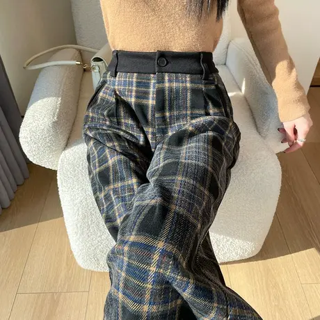 毛呢加绒格子裤女秋冬季高腰宽松显瘦休闲直筒裤显瘦窄版阔腿长裤图片