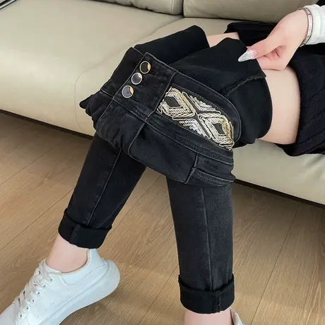 黑色加绒紧身牛仔裤女秋冬2023年新款高腰修身弹力铅笔裤小脚裤子商品大图