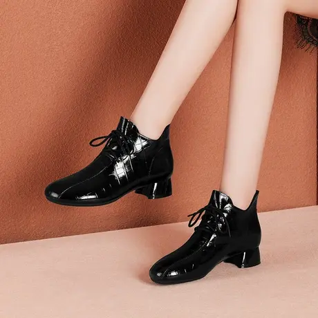 圆头粗跟真皮小短靴女中跟秋季短筒单靴新款黑色牛皮马丁靴漆皮靴图片