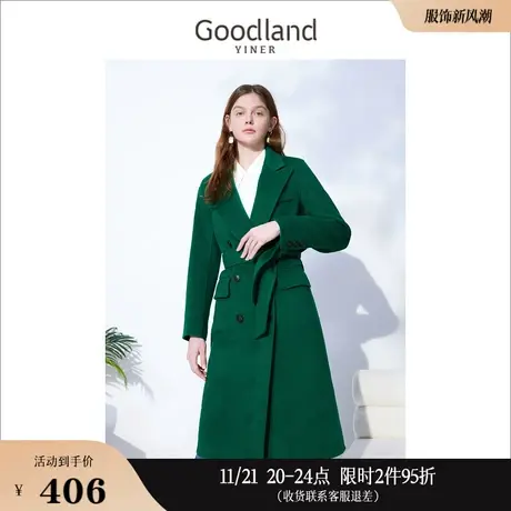 *Goodland美地女装冬季双排扣烧花工艺纯羊毛双面呢大衣图片