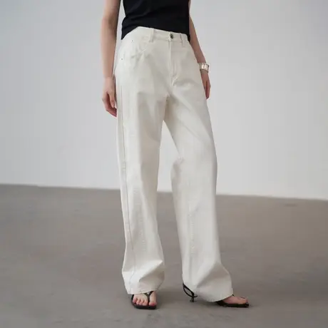 omont蛋挞家 白色直筒休闲裤女夏季新款复古显瘦宽松长裤子商品大图