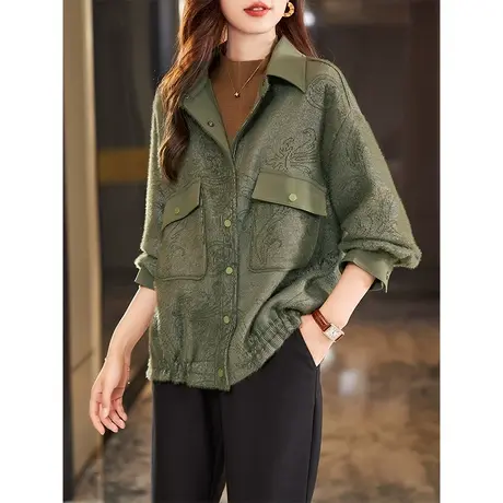 宝诗黎翻领宽松亮丝落肩上衣女时尚休闲2025早春季新款毛绒短外套图片