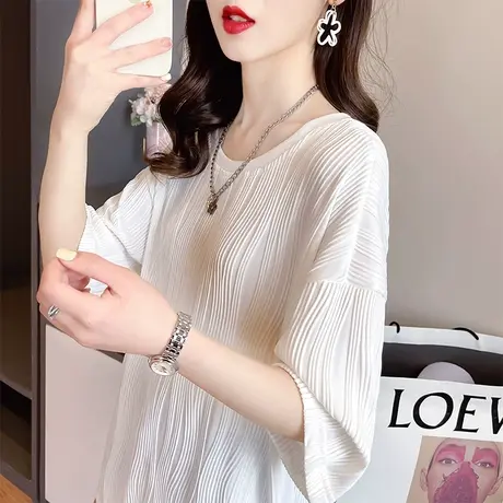 小众设计感短袖t恤女夏季韩版宽松大码女装中长款褶皱肌理感上衣商品大图