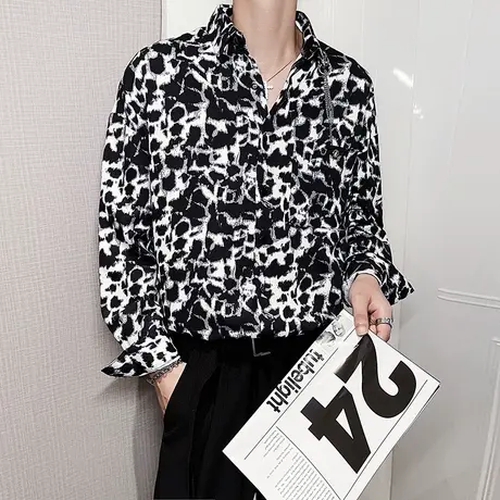 秋季男衬衫外套长袖宽松豹纹潮牌ins潮流休闲痞帅发型师项链衬衣商品大图
