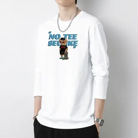 纯棉长袖t恤男装潮牌小熊全棉内搭打底衫宽松圆领上衣服白色体恤商品大图