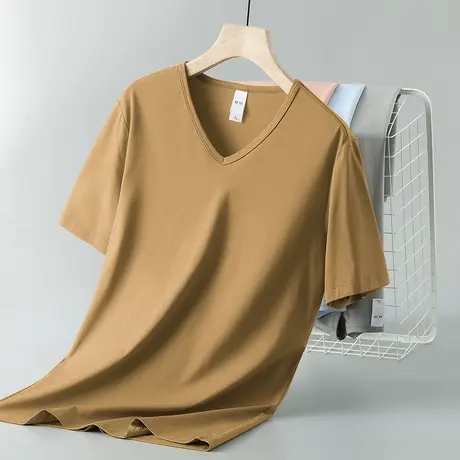 莫代尔短袖t恤男V领纯色上衣服夏季冰丝速干凉感半袖体恤简约百搭商品大图