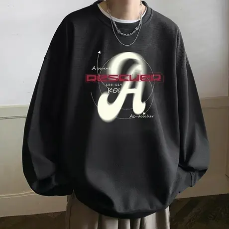 华夫格卫衣男春秋季新款美式宽松内搭打底衫潮牌字母印花长袖t恤商品大图