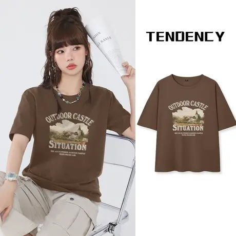 VR真维斯咖啡色短袖t恤女2023新款夏季美式复古上衣纯棉显瘦体恤V商品大图