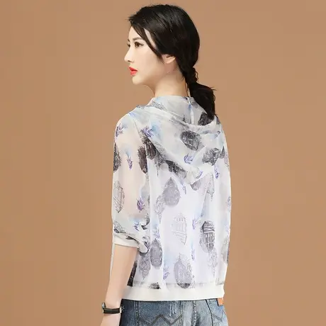 连帽印花雪纺衫女2024春夏新款遮肚子上衣防晒开衫短外套防晒小衫图片