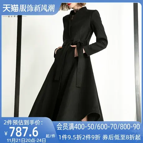 aui黑色长款过膝毛呢外套女2023秋冬新款不规则时尚气质呢子大衣图片