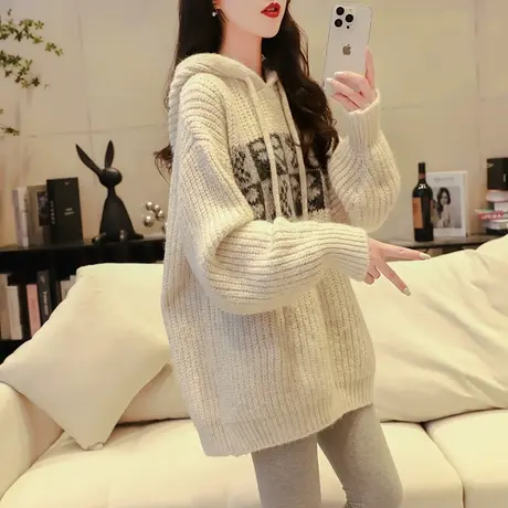 复古港味连帽毛衣女2023新款秋冬洋气减龄网红宽松慵懒风百搭上衣商品大图