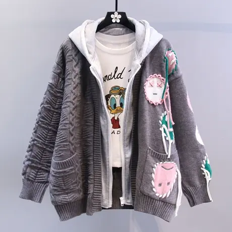 笑脸拼接连帽假两件毛衣外套女秋冬2023年新款宽松慵懒风针织开衫商品大图