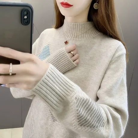 2023秋冬新款半高领毛衣女加厚套头宽松外穿长袖针织衫打底毛衣女图片