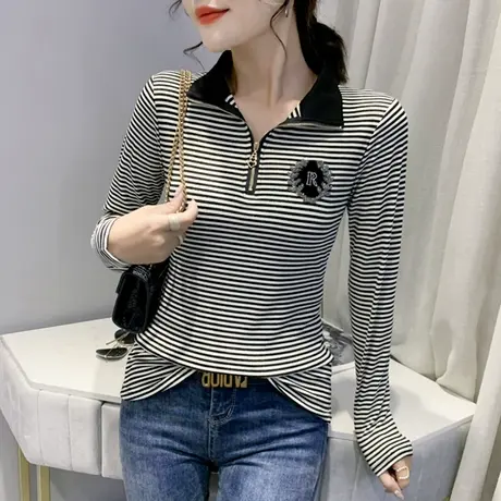 2024春秋新款时尚条纹T恤立领拉链上衣洋气修身百搭打底衫女长袖商品大图