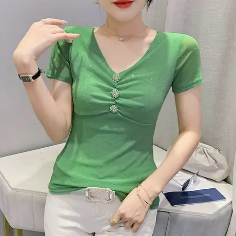 女装2024新款潮性感V领网纱短袖T恤闪亮烫金上衣夏季洋气百搭小衫商品大图