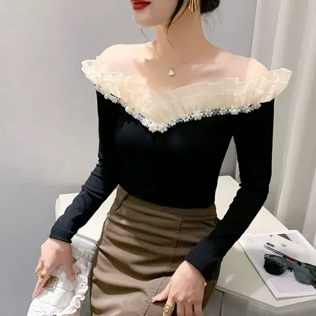 欧货性感露肩T恤女长袖洋气内搭一字领打底衫秋设计感木耳边上衣图片