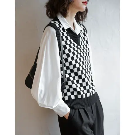 弥古复古格子针织马甲背心女春秋外穿显瘦v领叠穿马夹上衣高级感商品大图