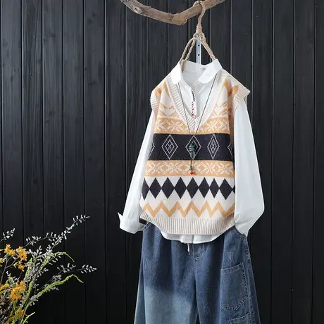 慵懒风V领套头针织马夹女秋季新款文艺提花宽松外穿马甲坎肩背心商品大图