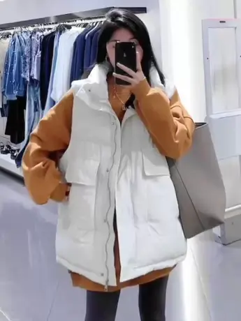 中长款宽松休闲羽绒棉坎肩外套女2023秋冬新款大码大口袋外穿马夹商品大图