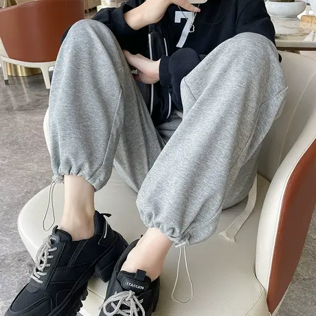 灰色运动裤女宽松束脚春秋季休闲长裤子显瘦两穿垂感直筒灯笼卫裤图片