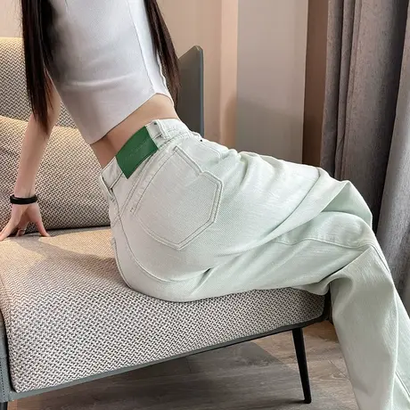 绿色牛仔女高街直筒2024春秋季宽松垂感高腰阔腿拖地长裤子潮商品大图