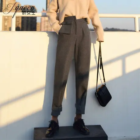 毛呢哈伦裤女秋冬高腰时尚宽松显瘦束脚萝卜裤加厚休闲百搭小脚裤商品大图