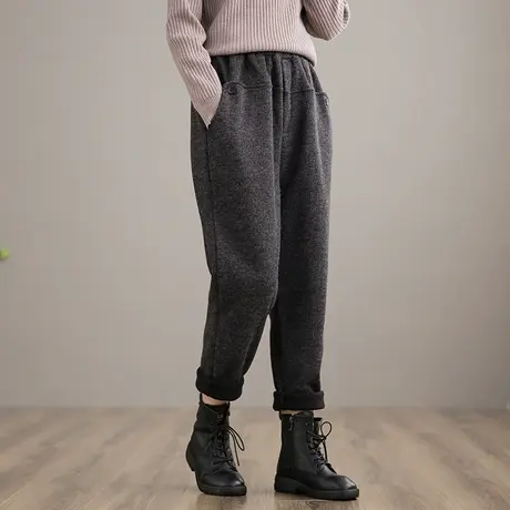 dza 文艺高腰显瘦加绒裤子女士加厚宽松直筒裤新款冬季百搭休闲裤图片