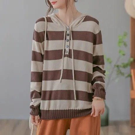 dza毛 复古粗条纹连帽针织衫女士春秋休闲上衣内搭打底衫宽松毛衣商品大图