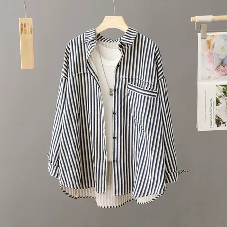 春秋休闲条纹衬衫外套女中长款秋季2024新款宽松大码衬衣开衫上衣图片