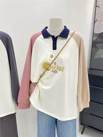 polo衫长袖t恤女秋装2023新款洋气拼色重工刺绣宽松大码休闲上衣商品大图