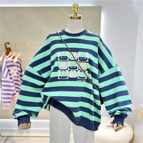 2023春秋百搭卡通兔子刺绣条纹风宽松大码圆领套头卫衣女外套上衣商品大图