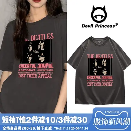 美式街头风hiphop嘻哈风深灰色短袖t恤男女同款宽松大版正肩半袖商品大图