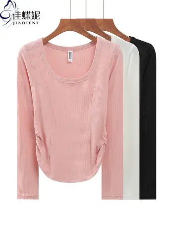 秋冬新款韩版圆领修身下摆圆弧褶皱纯棉纯色长袖体恤上衣内搭女装商品大图