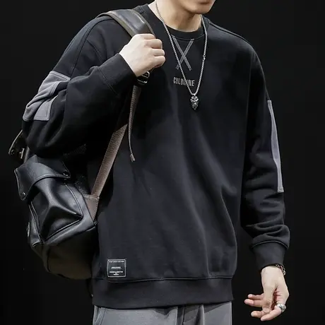 拼接卫衣男春季ins潮宽松大码春秋2024新款胖子加肥加大长袖套头商品大图