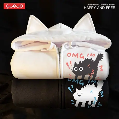 悦游 惊吓猫狗 胸标小标日系潮牌搞笑趣味可爱宽松套头连帽卫衣男商品大图