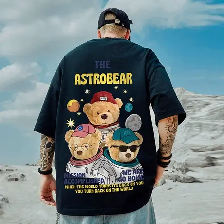 潮牌小熊短袖男夏季2025新款百搭网红情侣ins港风贱熊t恤大码半袖商品大图