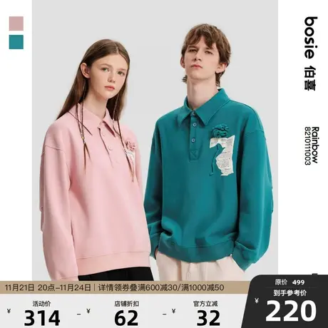 bosie2024年春季新款Polo衫男情侣长袖休闲文艺复古花朵Polo上衣商品大图