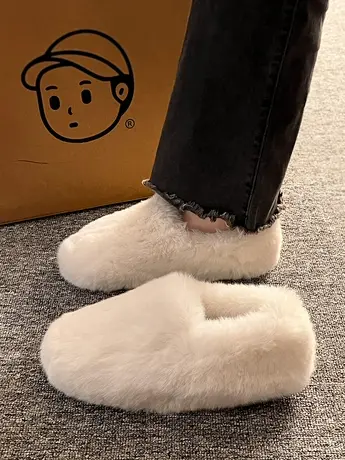 网红毛毛鞋女冬外穿时尚2023新款一脚蹬平底豆豆鞋加绒保暖棉单鞋商品大图