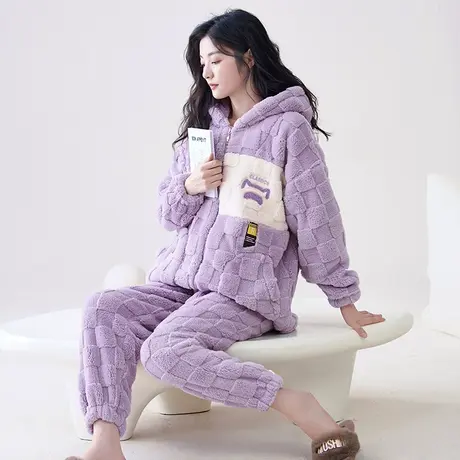 睡衣女冬季珊瑚绒加绒加厚家居服法兰绒连帽2023新款女士秋冬套装图片