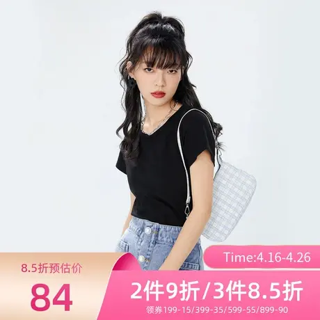 诗凡黎t恤女夏夏季新款百搭纯棉黑白修身圆领短袖休闲上衣➰商品大图