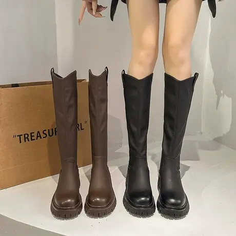 靴子女秋冬不过膝长筒靴粗腿冬季女鞋厚底粗跟瘦瘦女靴高筒骑士靴图片