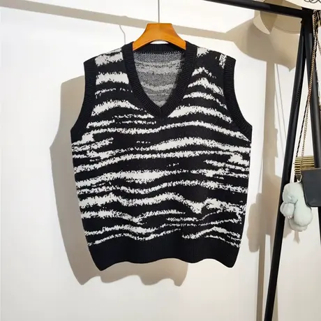 条纹撞色针织马甲女秋冬新款v领宽松慵懒风无袖坎肩毛衣背心外穿商品大图