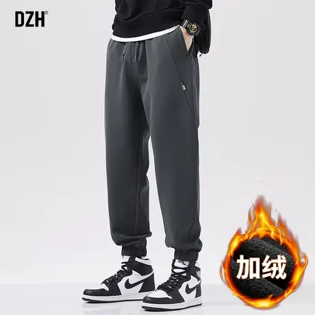 男士灰色加绒运动裤男冬季束脚加厚休闲裤子美式高街2024新款卫裤商品大图