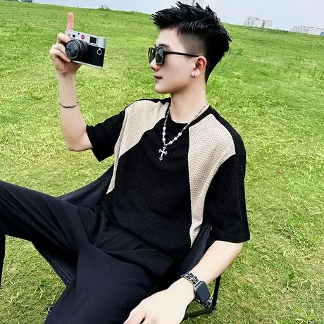 夏季男士t恤上衣短袖半袖镂空薄款撞色拼接半截袖INS潮流休闲体恤商品大图