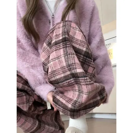 冬季加绒加厚保暖格子休闲裤女韩版高腰小个子百搭毛呢阔腿裤子潮商品大图