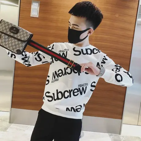 秋季男士卫衣t恤打底衫潮牌个性休闲ins上衣长袖潮流字母印花体恤商品大图