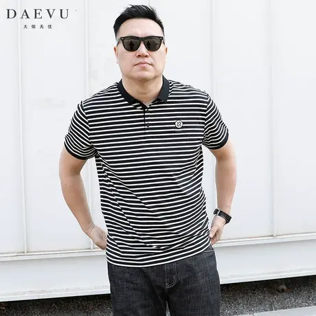 大依无忧夏新款条纹大号潮胖子加肥加大码男士短袖POLO衫翻领T恤商品大图